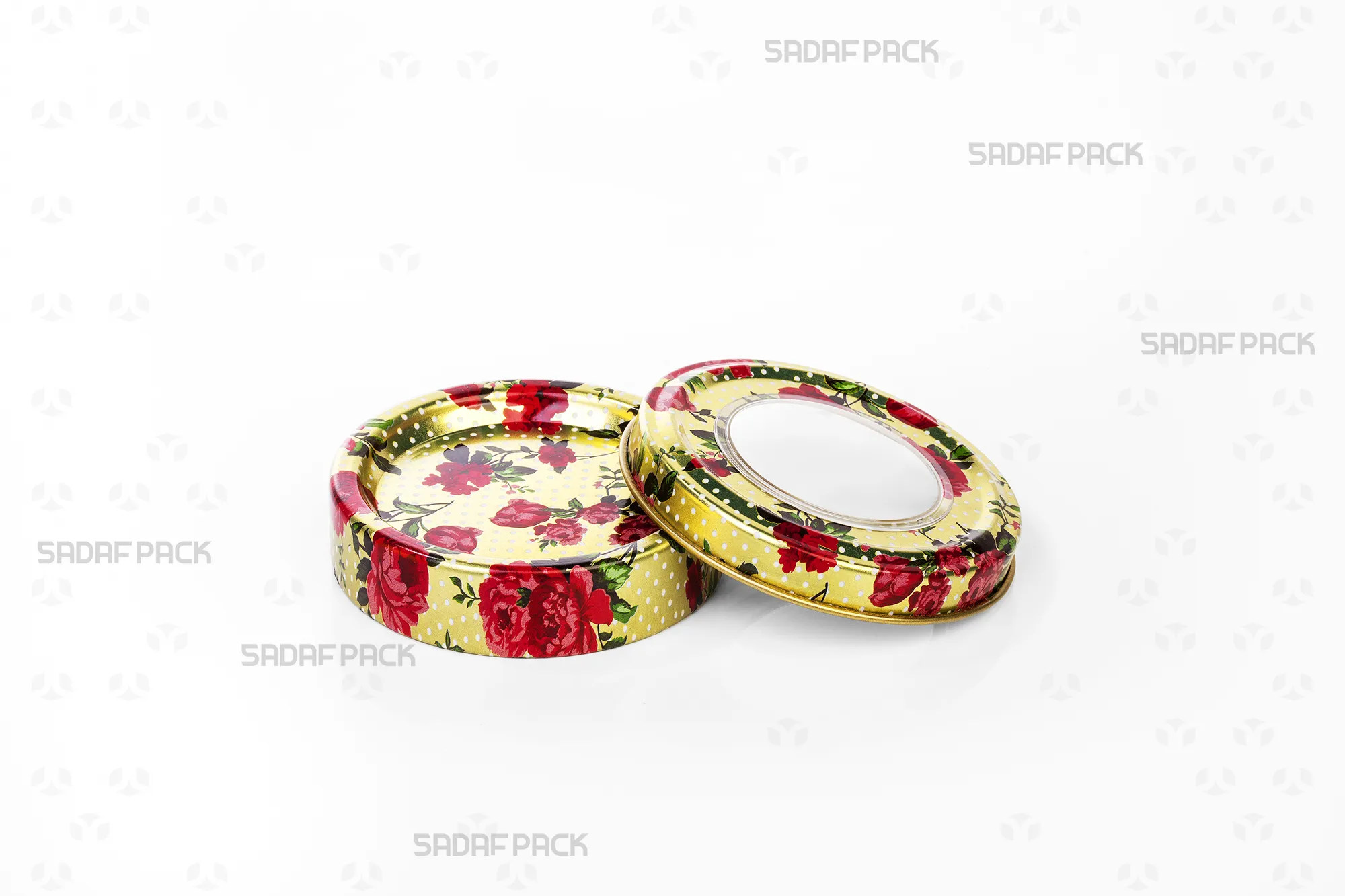 Top view of the empty 3 gram metal tin by Sadaf Pack, featuring a modern rose gold design, with its lid open to display the container's interior.