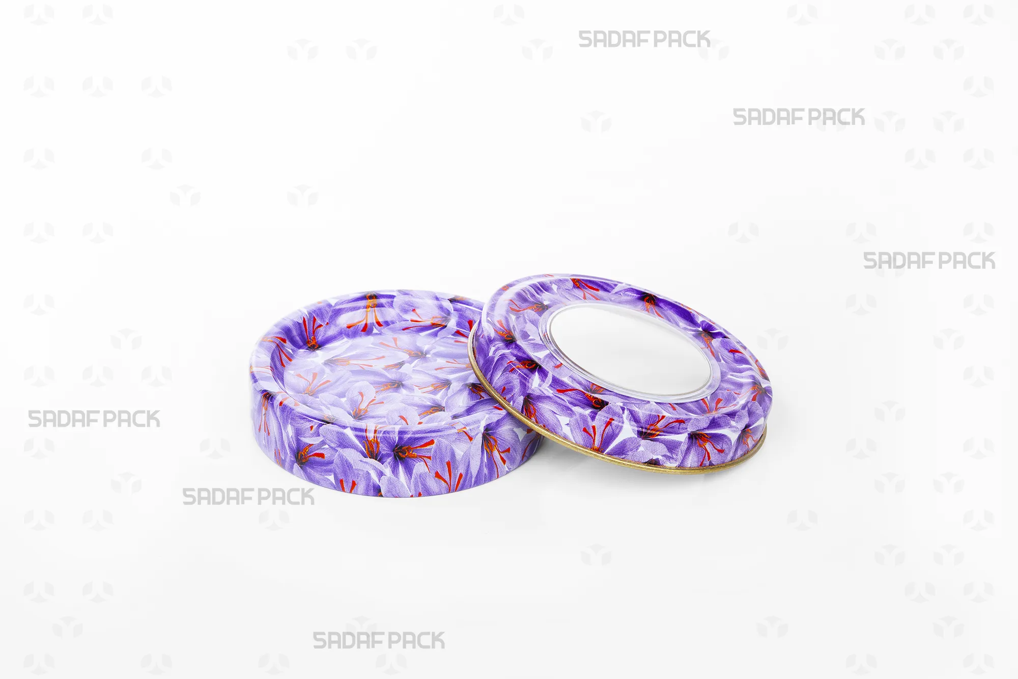 Top view of the empty Sadaf Pack 3 gram metal tin and lid, both decorated with the Saffron Flower pattern, showing the container's interior.