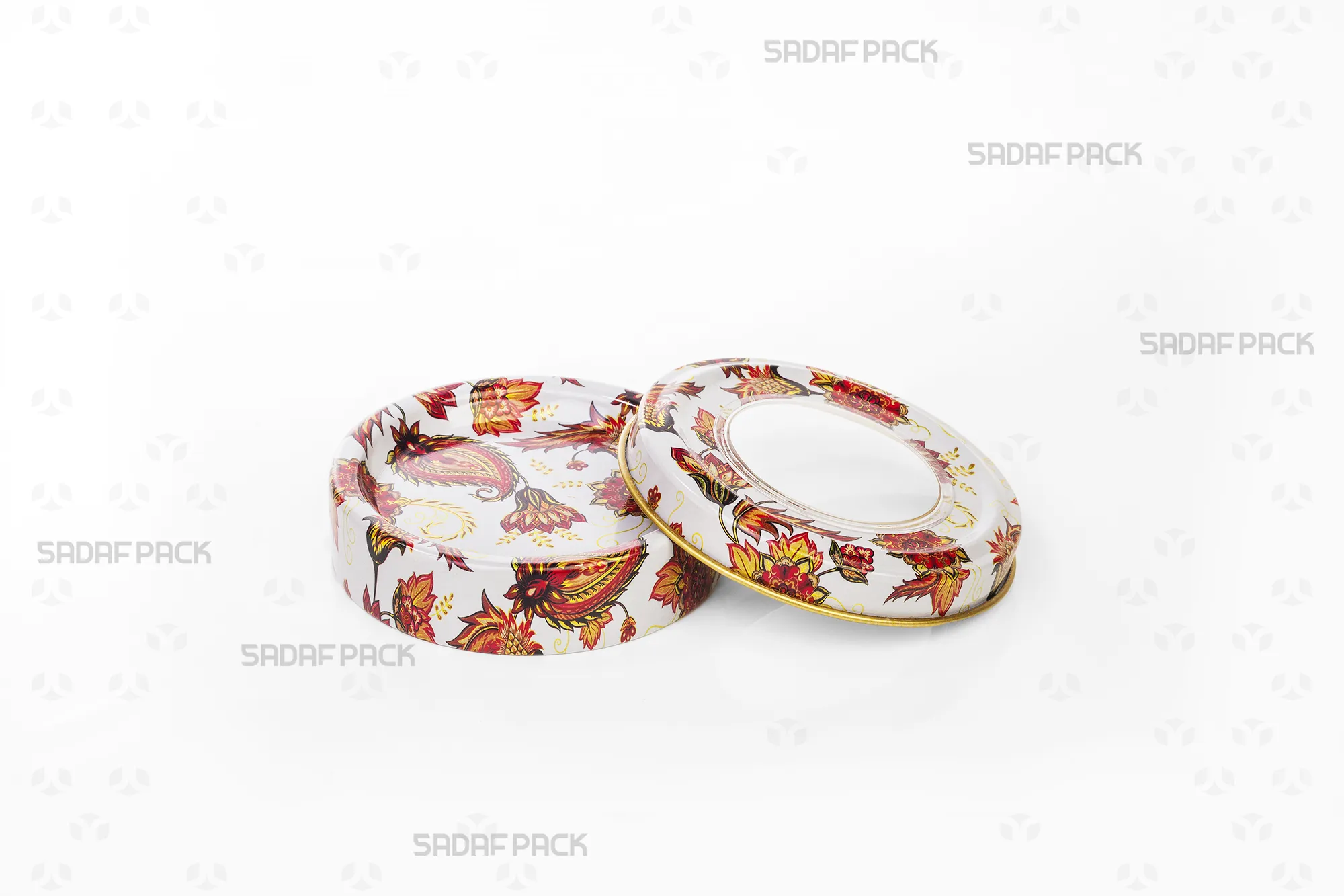 Top view of the empty Sadaf Pack 3 gram metal tin (Toranj White design) with its lid open, showcasing the interior capacity and intricate lid pattern.