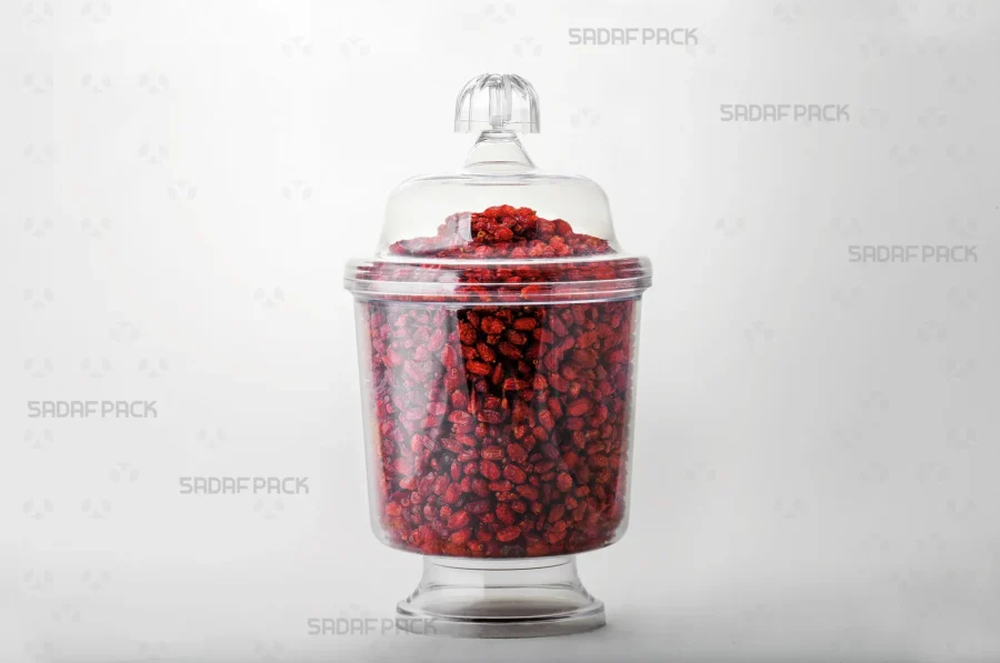 The Sadaf Pack Crystal Cup filled with Barberries, showcasing its suitability for premium export products. 