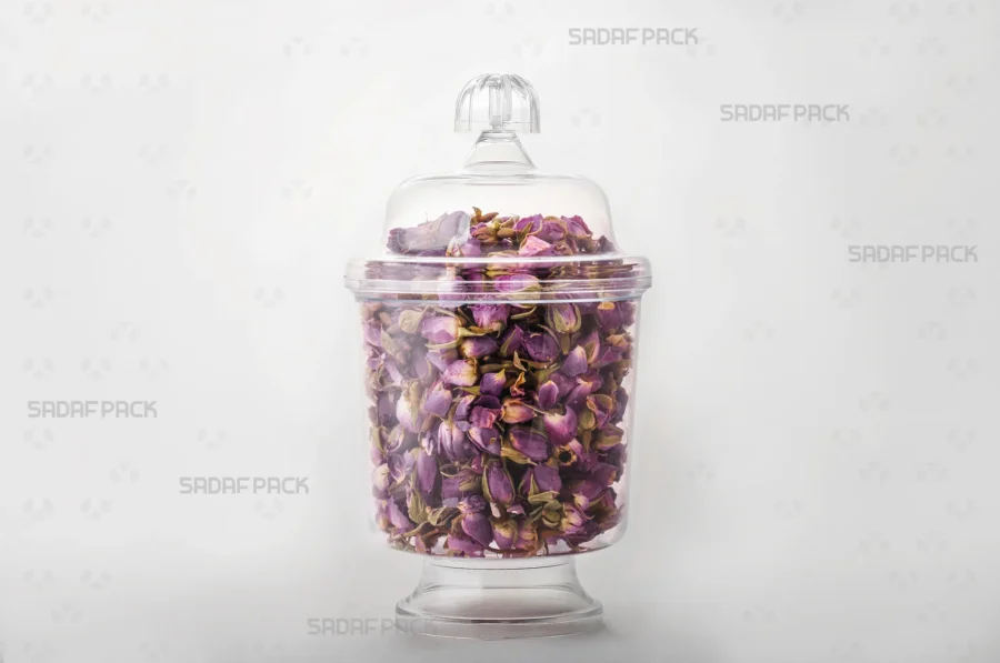 The Sadaf Pack Crystal Cup filled with Dried Rose Petals, showcasing its suitability for premium export products. 