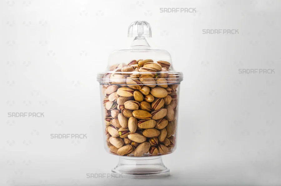 The Sadaf Pack Crystal Cup filled with Pistachios, showcasing its suitability for premium export products. 