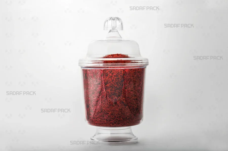 The Sadaf Pack Crystal Cup filled with Iranian saffron, showcasing its suitability for premium export products. 