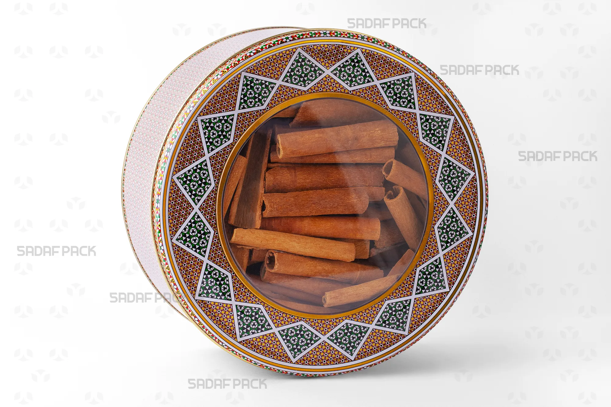 A three-quarter view of the 23 Metal 10 cm tin filled with Cinnamon Sticks, showcasing its large capacity for premium dried fruits or nuts.