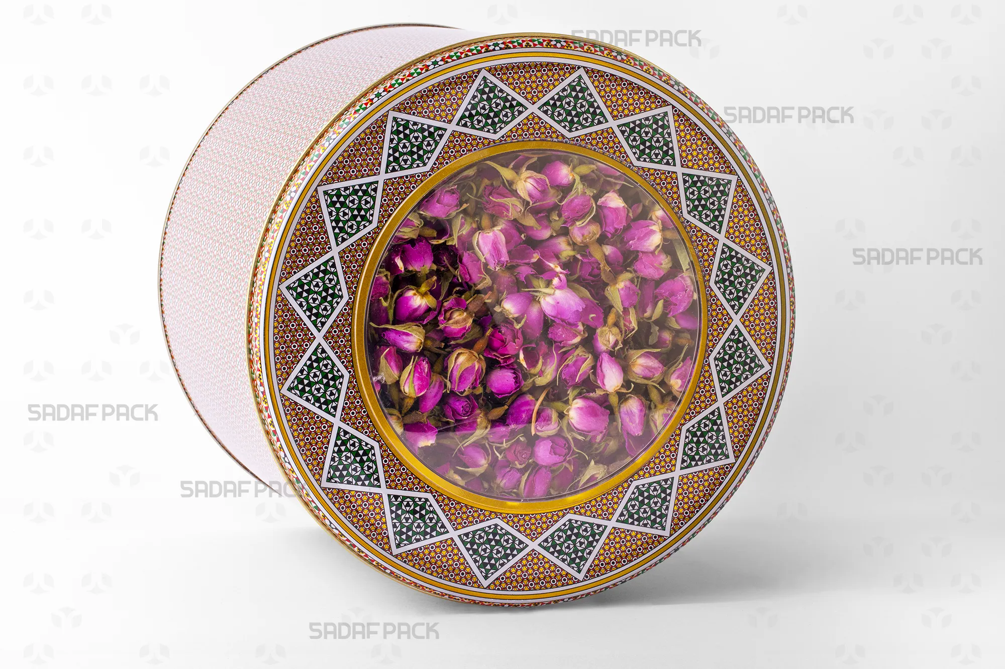 A 23 Metal 17 cm tin filled with dried rosebuds, ideal for bulk export packaging.