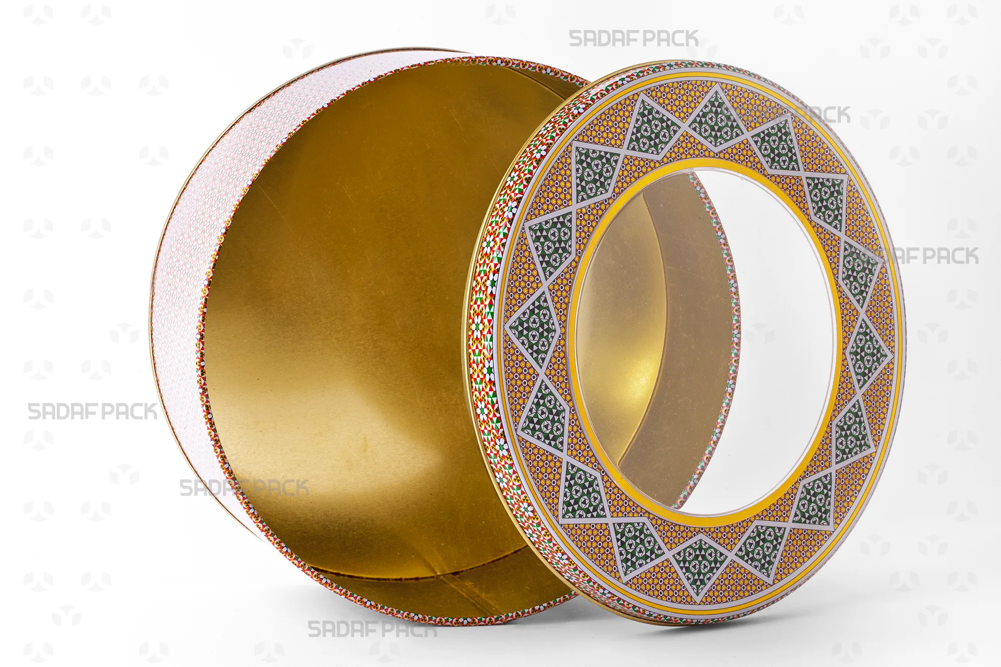 The 23 Metal 8 cm Tin shown with its lid and body separated, displaying the spacious interior suitable for dates or nuts.