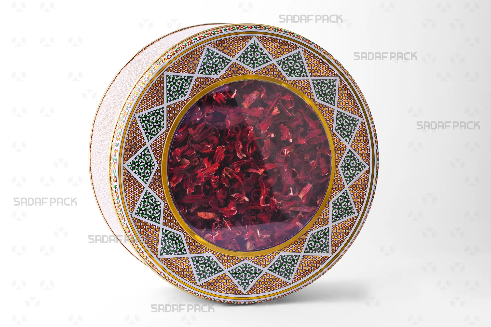 A 23 Metal 8 cm Tin filled with Dried Hibiscus Petals, demonstrating its capacity for premium food exports.