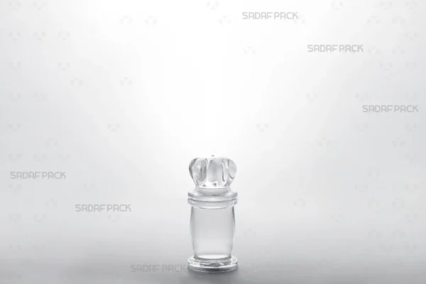 A three-quarter angle view of the elegant Milad 1 crystal container by Sadaf Pack, designed for premium saffron packaging.