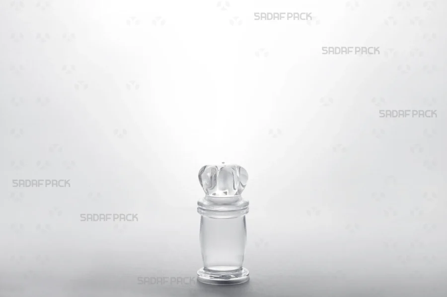 A three-quarter angle view of the elegant Milad 1 crystal container by Sadaf Pack, designed for premium saffron packaging.