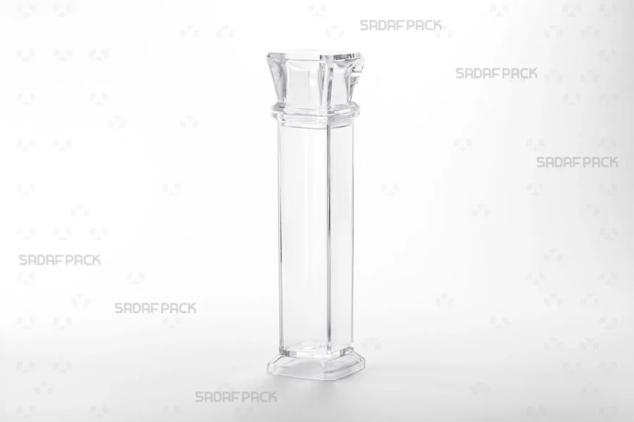 Three-quarter angle view of the elegant Royal crystal saffron container by Sadaf Pack, showcasing its tall, slender design.
