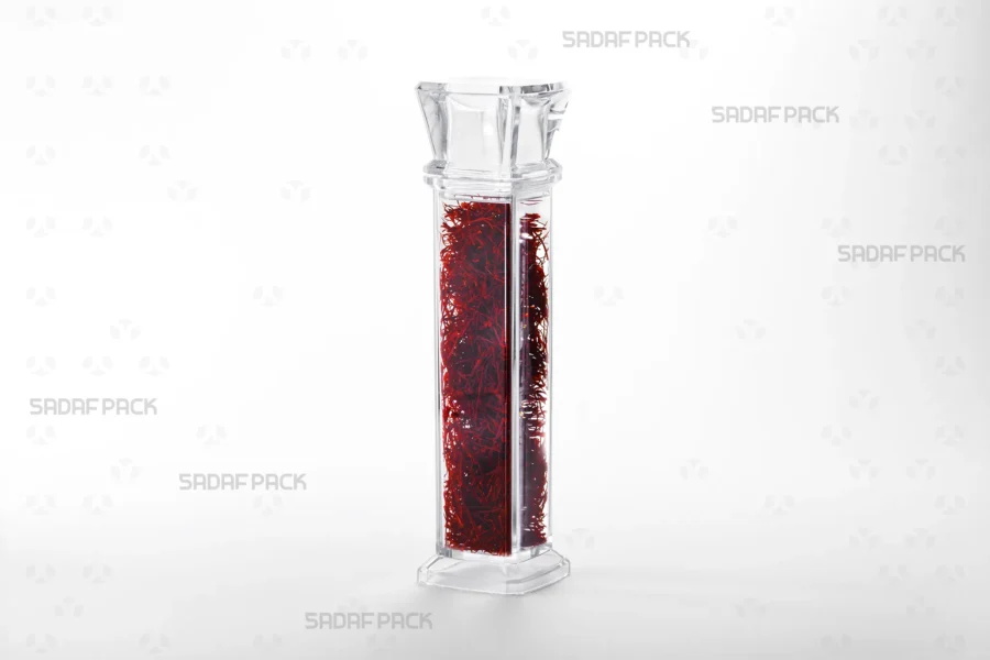 A three-quarter angle view of the Royal container filled with premium Iranian saffron, emphasizing its use for luxury gift packaging.