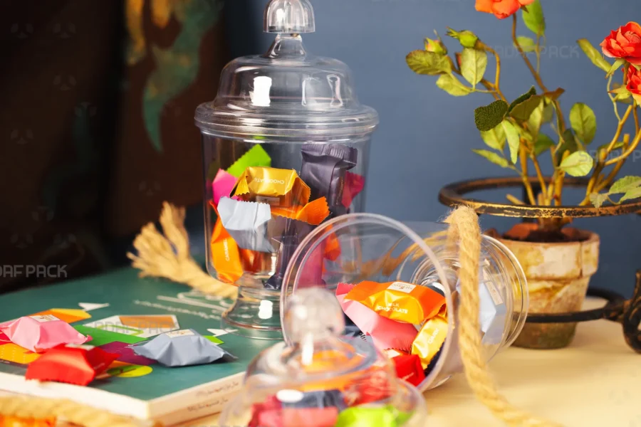 A three-quarter angle view of the Sadaf Pack Crystal Cup, elegantly filled with assorted colorful chocolates, showcasing its ideal use for luxury confectionery packaging.