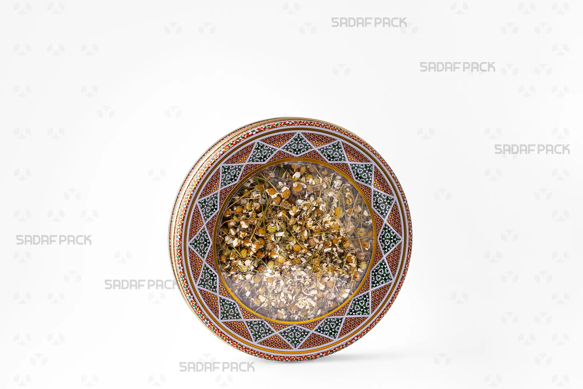 Top-down view of the 17 Metal 2 cm container filled with Dried Chamomile Flowers, showcasing the product arrangement through the clear lid.