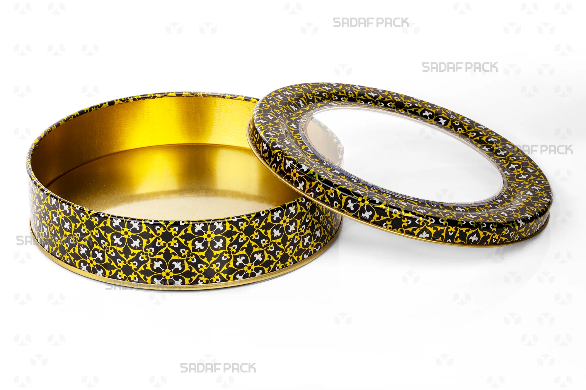Top-down view of the empty Sadaf Pack 17cm x 3cm round metal tin, displaying the interior capacity and the black, gold, and white pattern on the open lid and base.