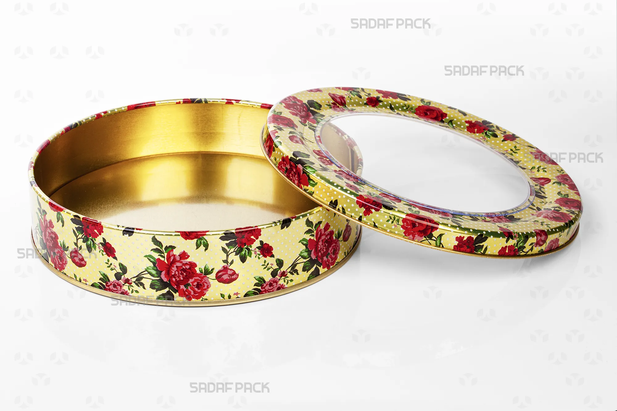 Top-down view of the empty Sadaf Pack 17cm x 3cm round metal tin, displaying the interior capacity and the Rose Gold pattern on the open lid and base.