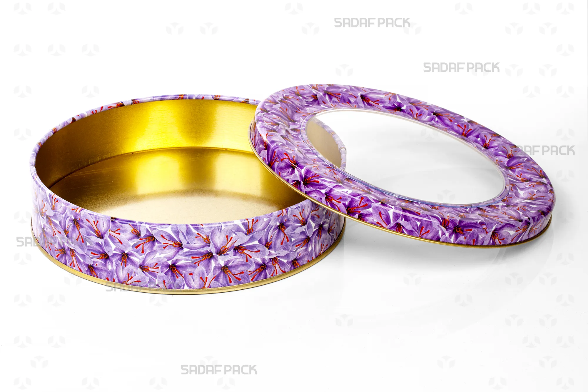 Top-down view of the empty Sadaf Pack 17cm x 3cm round metal tin, displaying the interior capacity and the Saffron Flower pattern on the open lid and base.