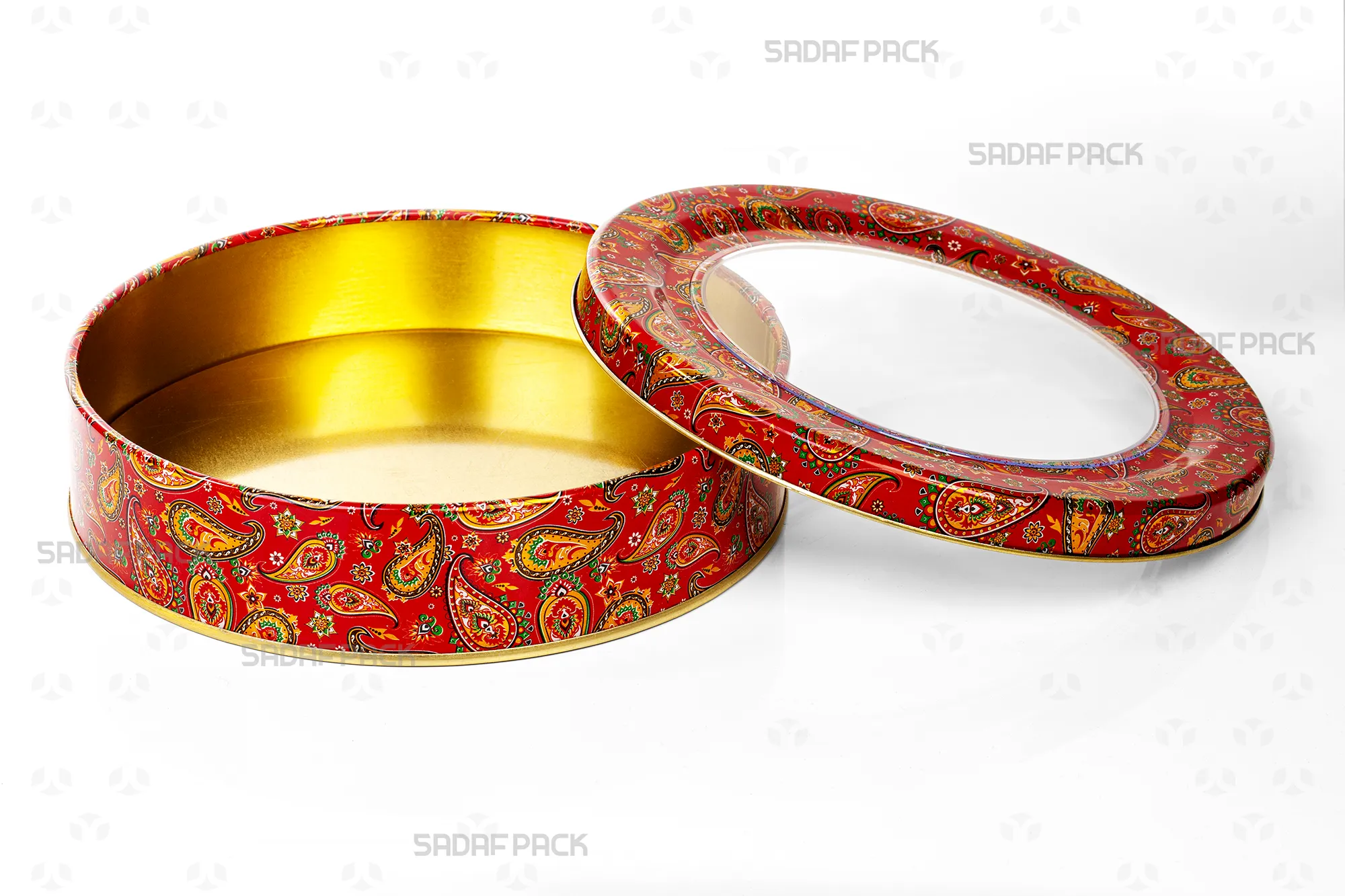 Top-down view of the empty Sadaf Pack 17cm x 3cm round metal tin, displaying the interior capacity and the red Termeh pattern on the open lid and base.