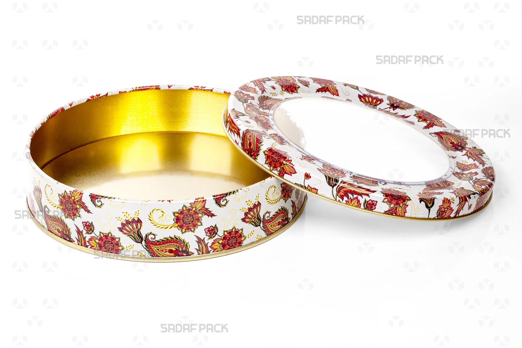 Top-down view of the empty Sadaf Pack 17cm x 3cm round metal tin, displaying the interior capacity and the white Toranj pattern on the open lid and base.