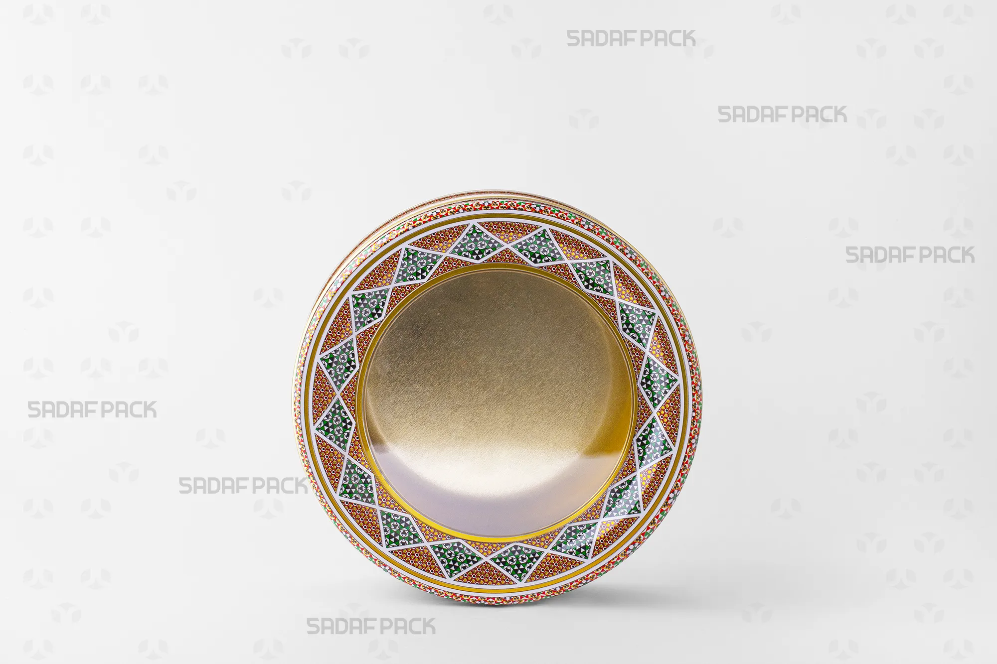 Front angle view of the 17 Metal 5 cm tin, highlighting its 17 cm diameter and 5 cm height, ideal for packaging baklava.