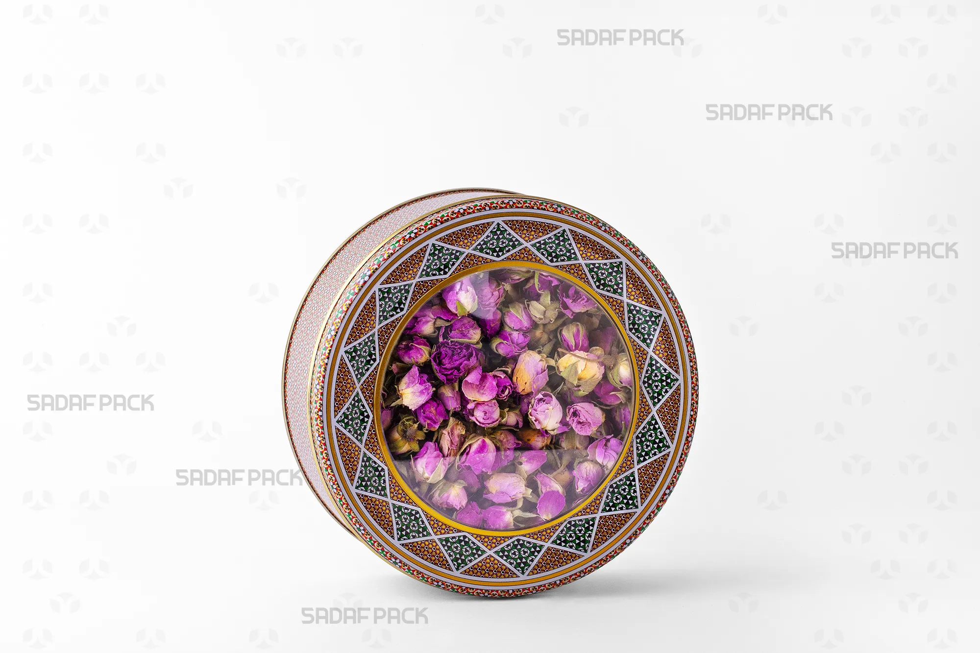 A Sadaf Pack 17 Metal 5 cm circular tin filled with dried rosebuds, perfect for premium sweets and dried fruits.
