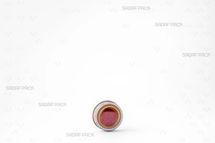 Three-quarter angle view of the 1 gram Metal Tin filled with Iranian saffron, ideal for export-quality saffron packaging.