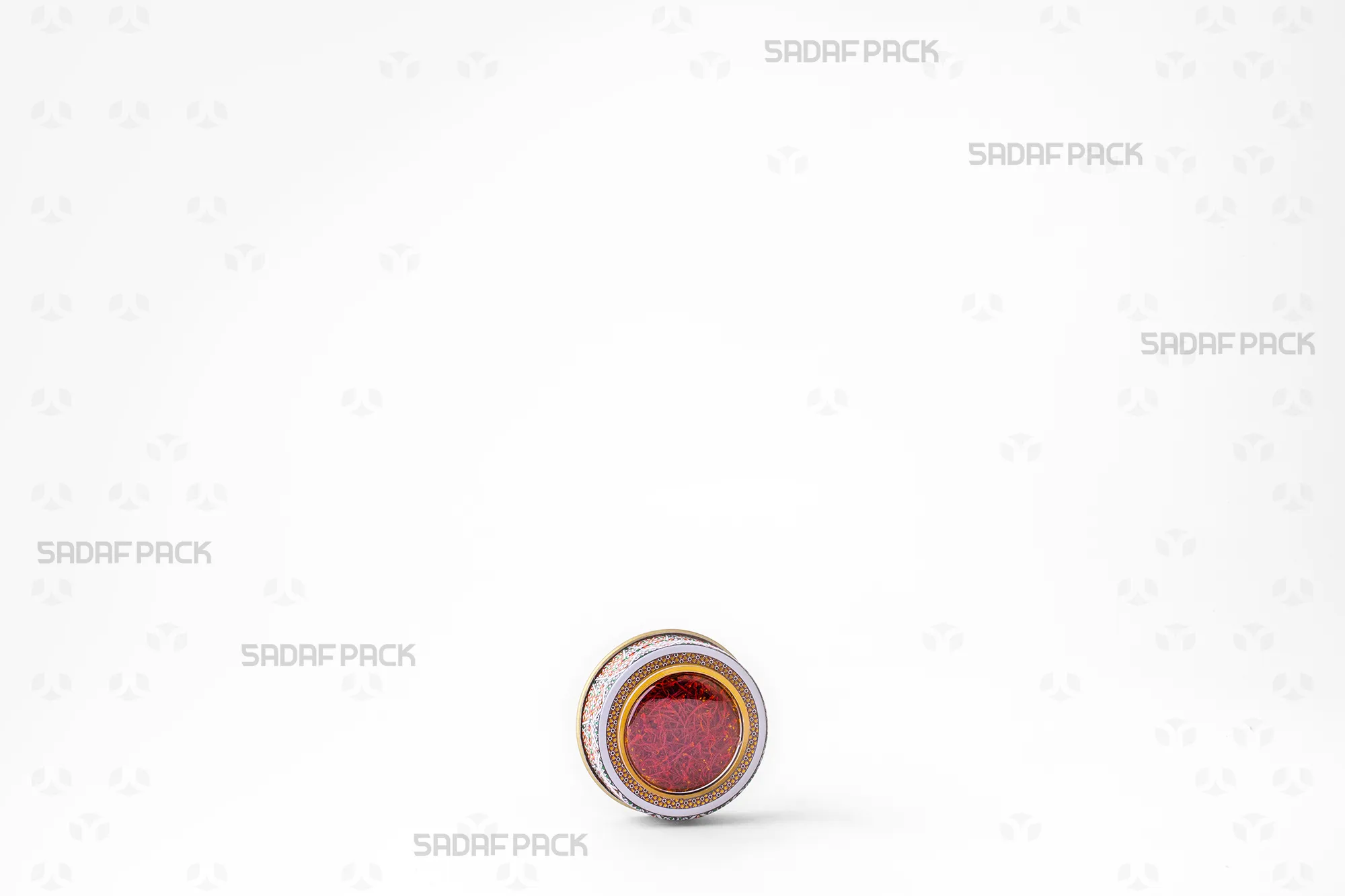 Three-quarter angle view of the 1 gram Metal Tin filled with Iranian saffron, ideal for export-quality saffron packaging.