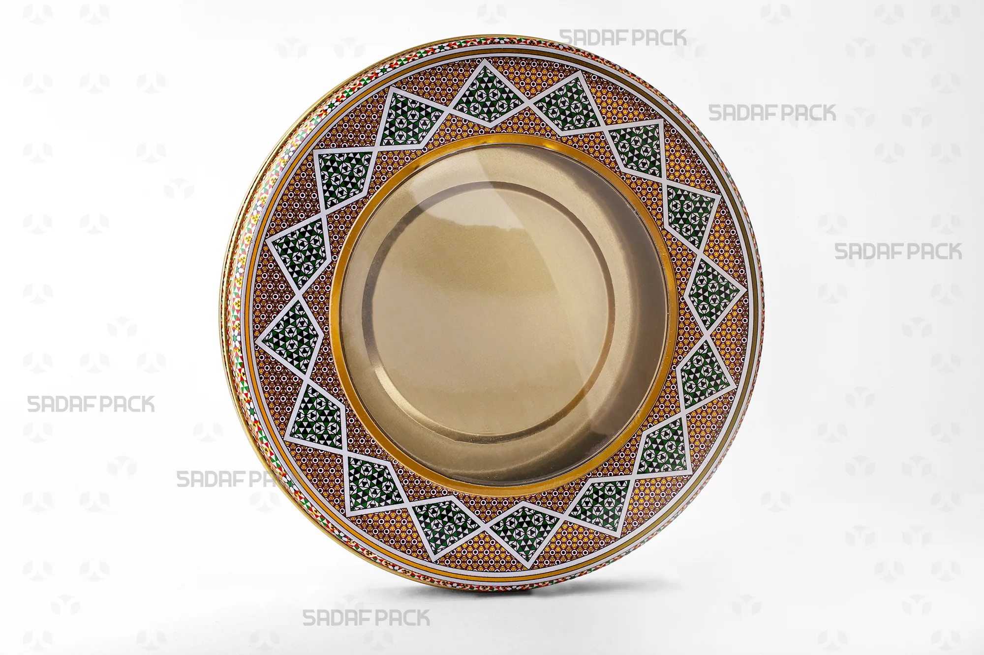 Three-quarter view of the large 23 Metal 2 cm circular tin container from Sadaf Pack.