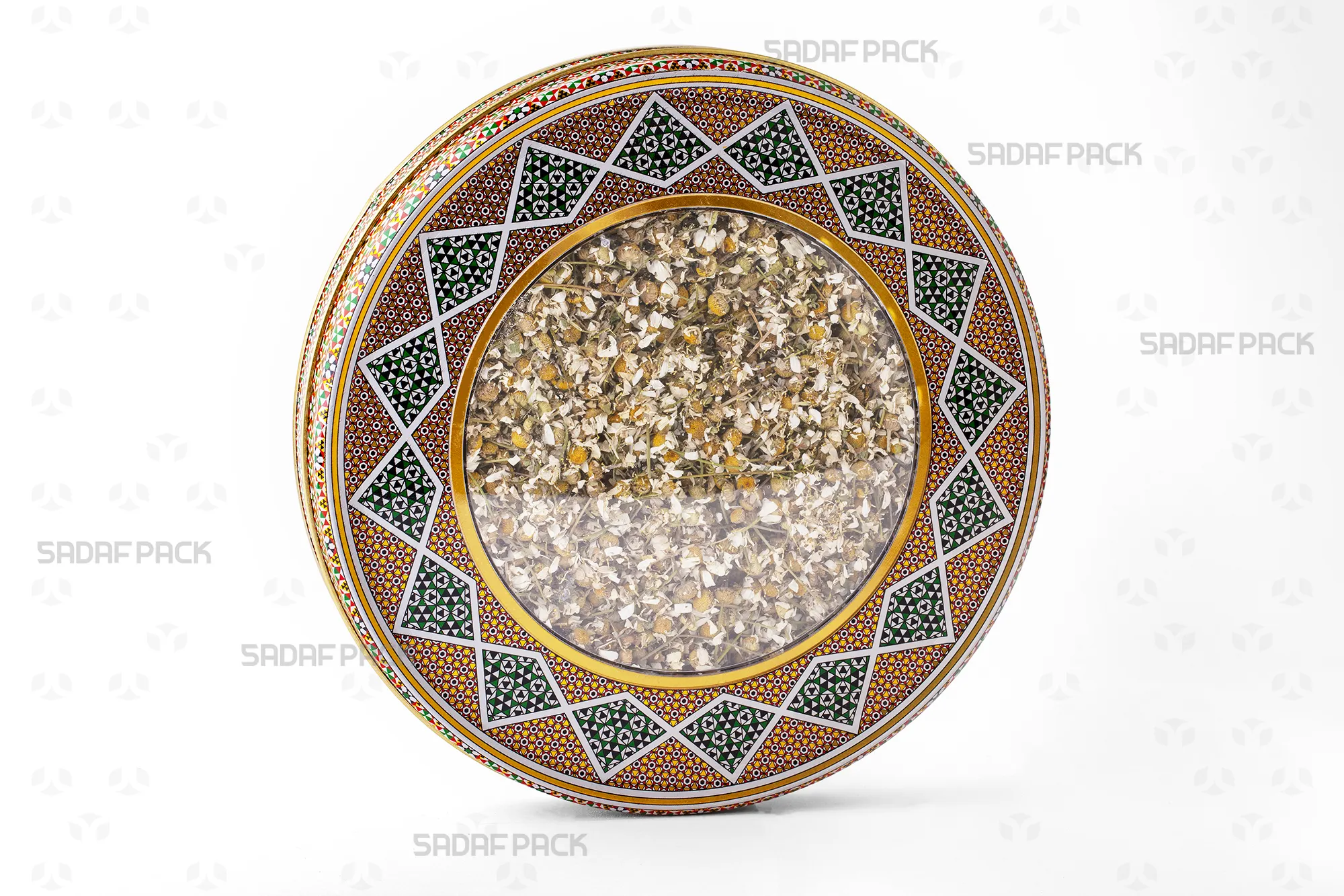 Three-quarter view of the 23 Metal 2 cm tin elegantly filled with Dried Chamomile Flower, ideal for premium export gift packaging.