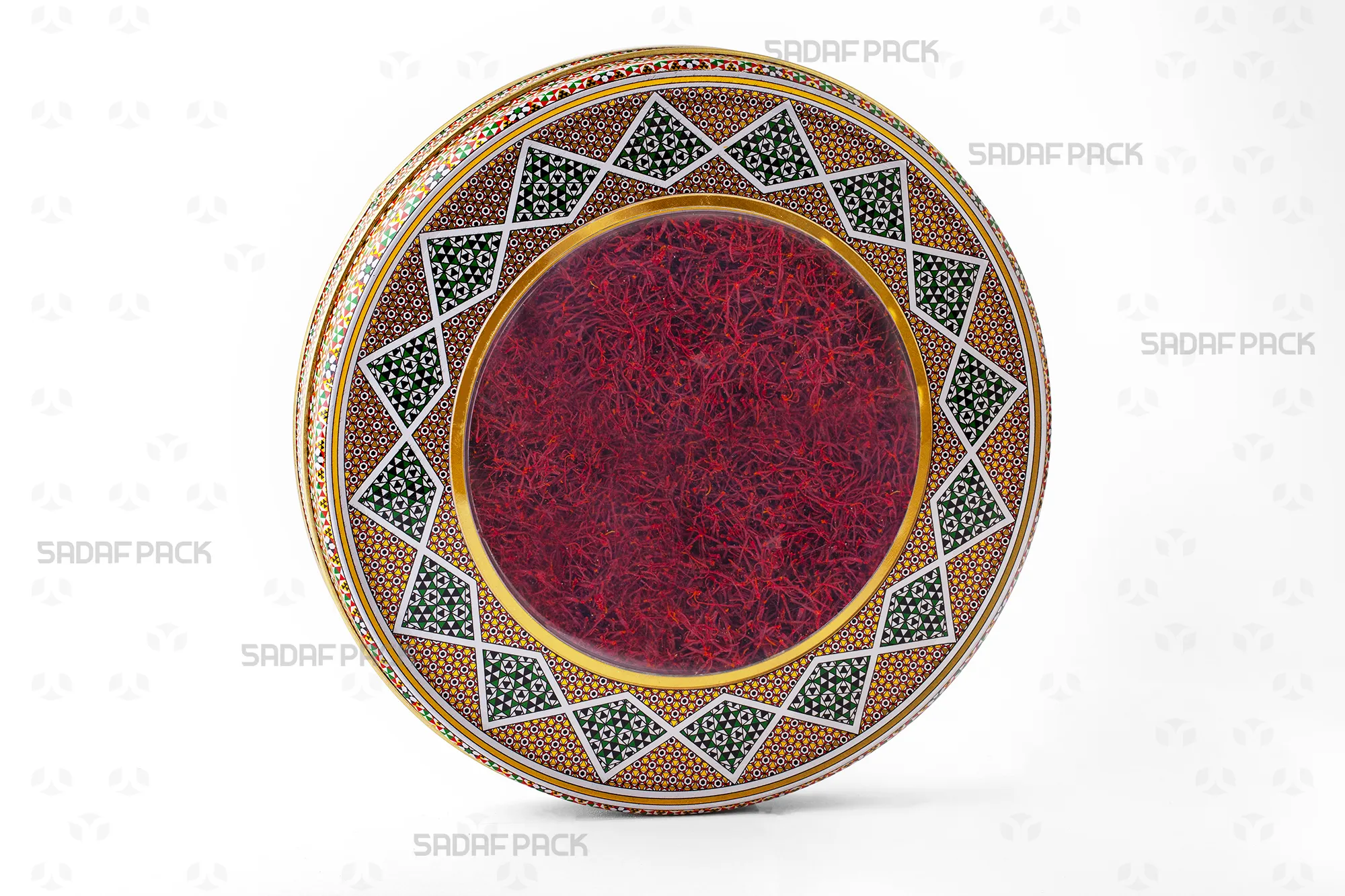 Three-quarter view of the 23 Metal 2 cm tin elegantly filled with saffron, ideal for premium export gift packaging.