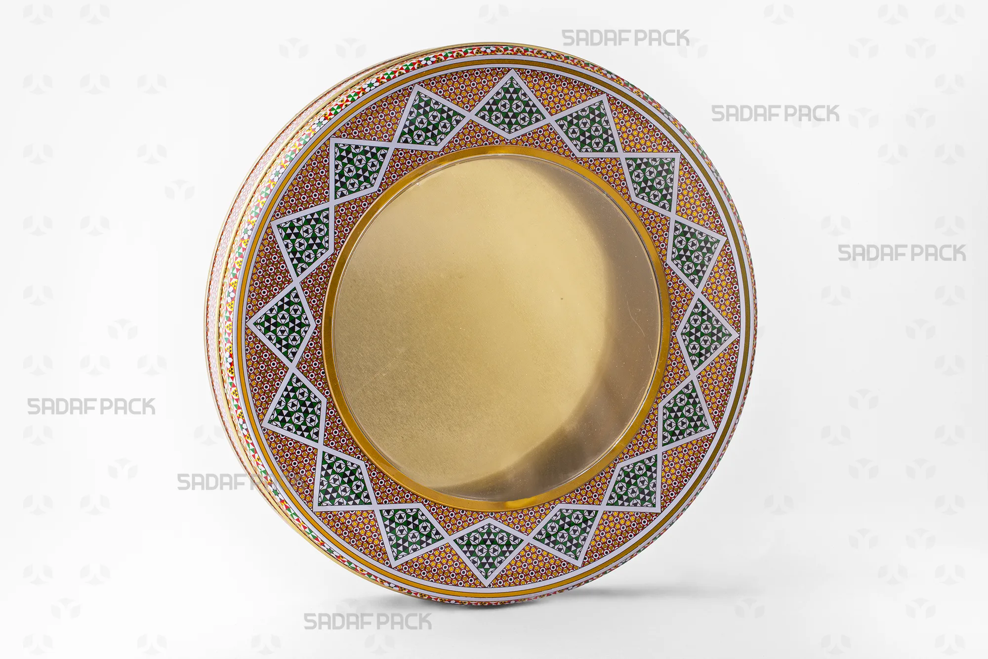 Three-quarter view of the 23 Metal 3 cm Tin Container by Sadaf Pack, showing its large 23cm circular shape and slim 3cm depth.