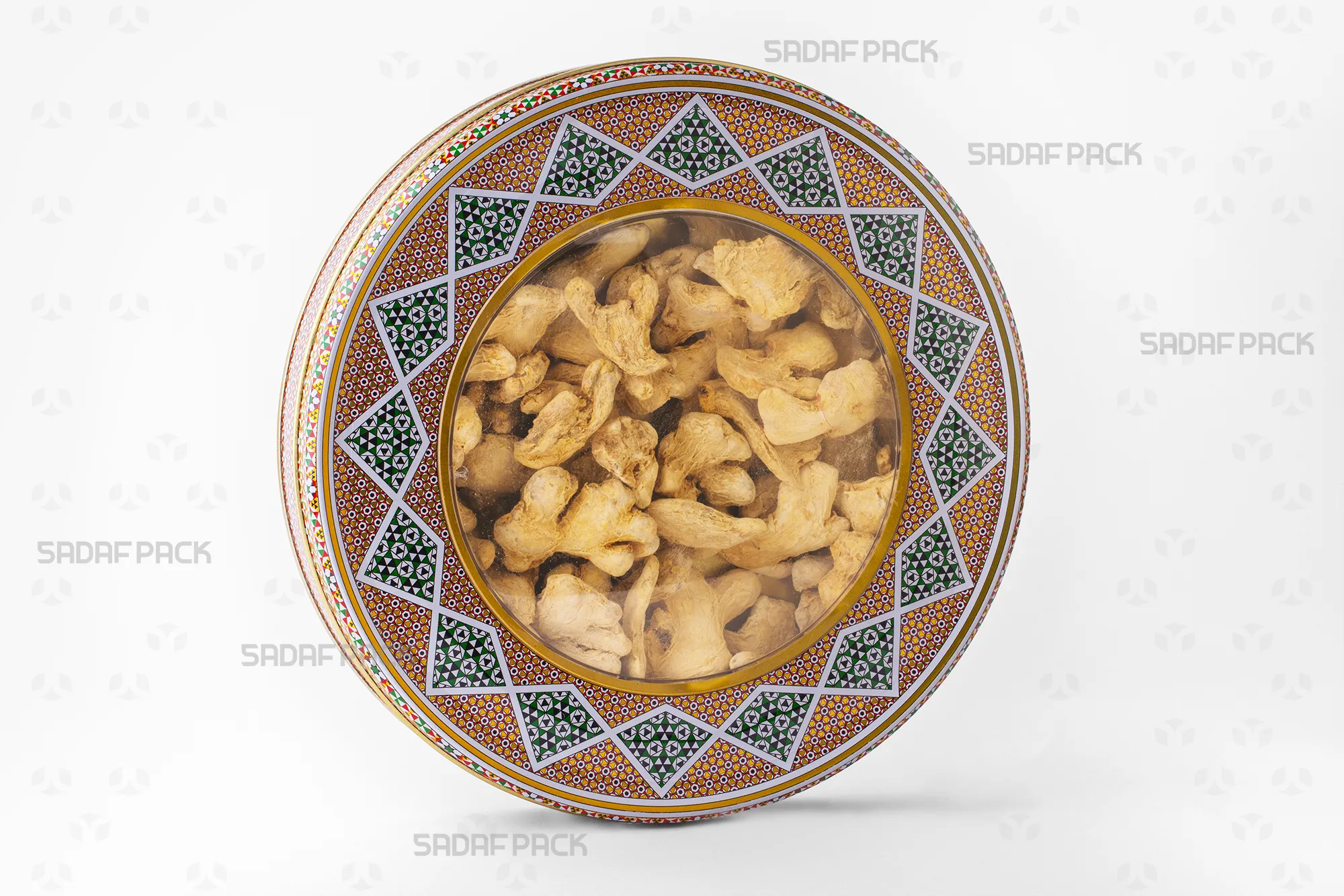 A 23 Metal 3 cm tin container filled with assorted ginger roots, demonstrating its premium capacity for luxury dried fruits and nuts.