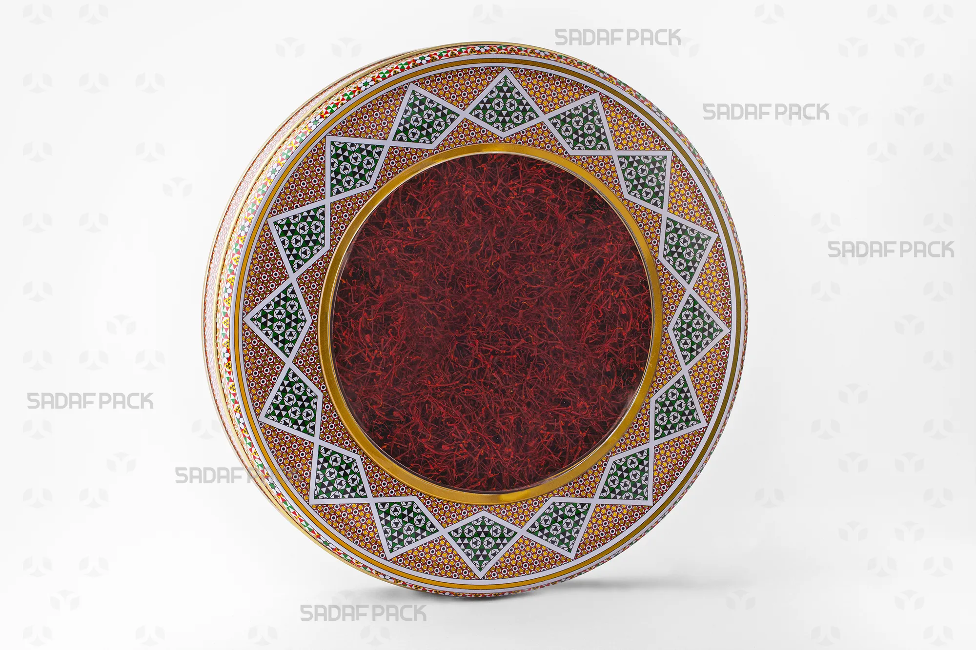 A 23 Metal 3 cm tin container filled with assorted saffron, demonstrating its premium capacity for luxury dried fruits and nuts.