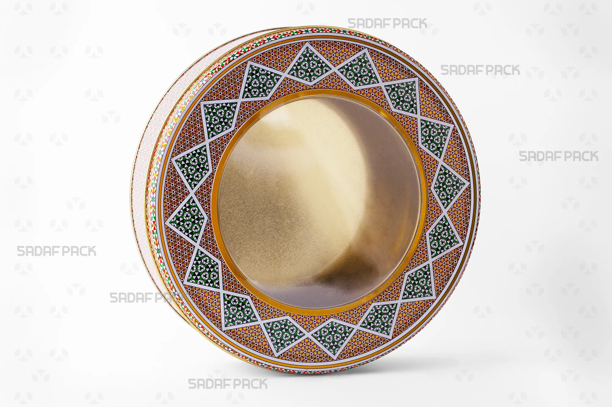 Three-quarter view of the 23 cm diameter 4 cm height Circular Metal Tin by Sadaf Pack, ideal for baklava and nuts.
