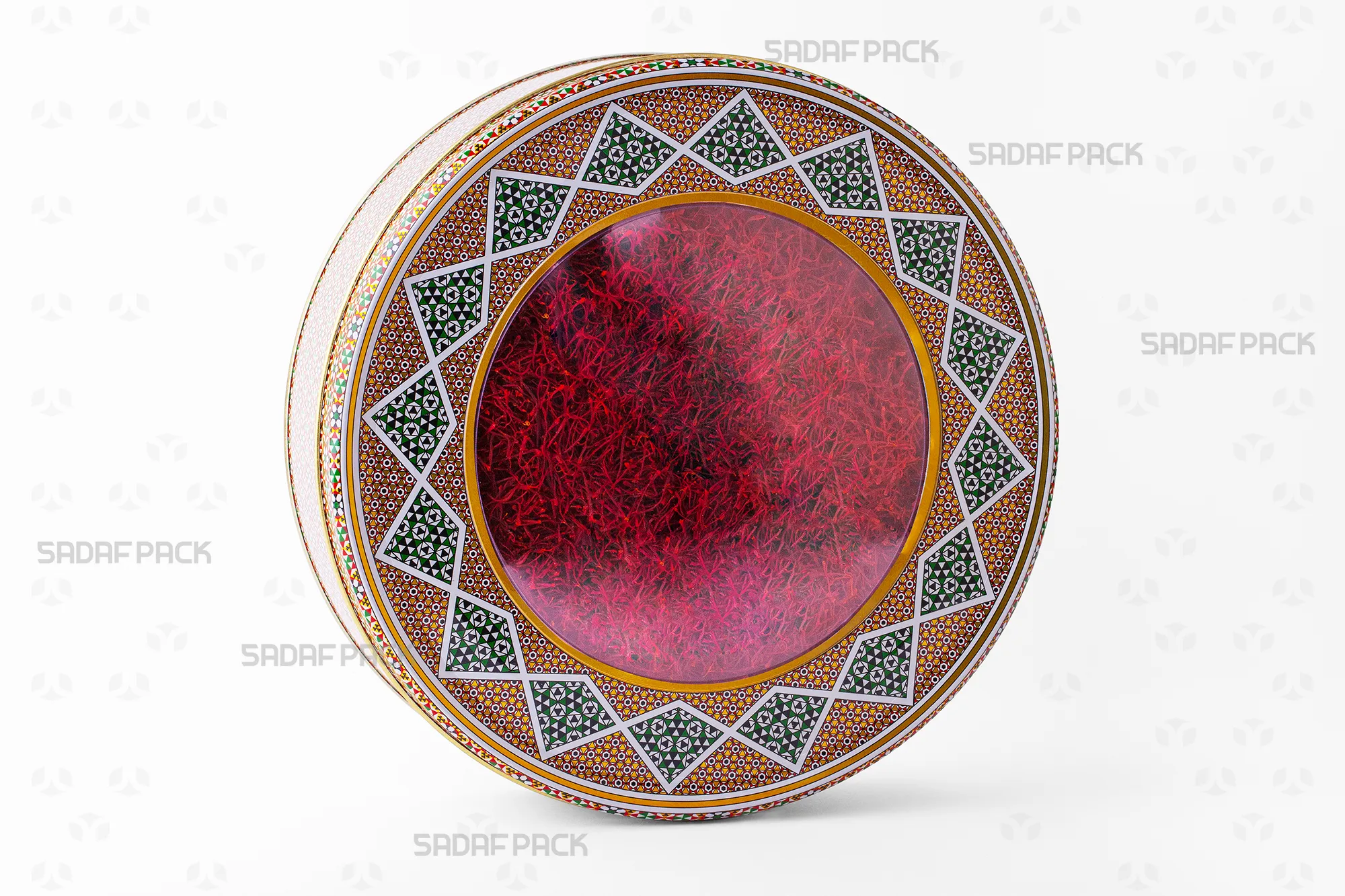The 23 cm, 4 cm height Sadaf Pack Metal Tin filled with assorted saffron, highlighting its premium presentation for export.