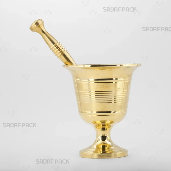 Front view of the Sadaf Pack Cup Mortar 100, a decorative brass mortar designed for grinding saffron and spices.