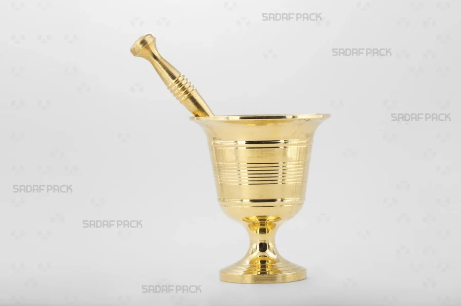 Front view of the Sadaf Pack Cup Mortar 100, a decorative brass mortar designed for grinding saffron and spices.
