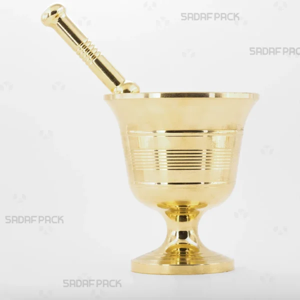 Front view of the Sadaf Pack Cup-Shaped Mortar 115, a large, stylish brass mortar crafted in the shape of a goblet with decorative circular lines engraved around its curved body, ideal for grinding saffron and spices.