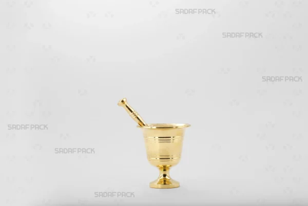 Front view of the Sadaf Pack Cup Mortar 50, a decorative brass mortar for grinding saffron and spices.