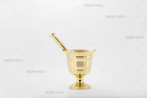 A front-view image of the Sadaf Pack Cup-Shaped Brass Mortar 67. This decorative, goblet-style mortar, featuring elegant circular engraved lines, is specifically designed for grinding saffron and other fine spices.