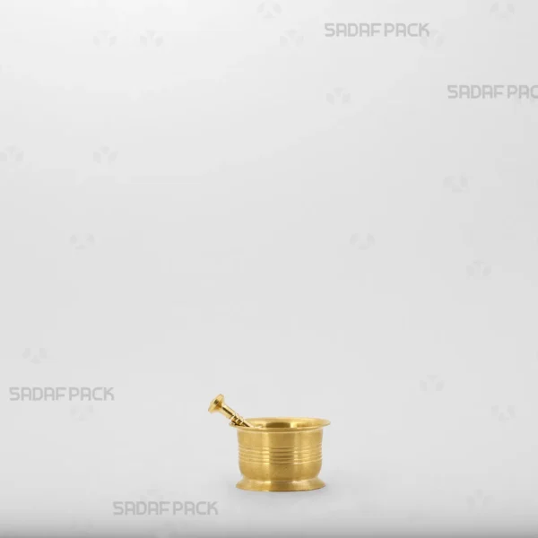 Front view of the Sadaf Pack Traditional Mortar 35, a heavy and sturdy cylindrical brass mortar designed for grinding saffron and spices.