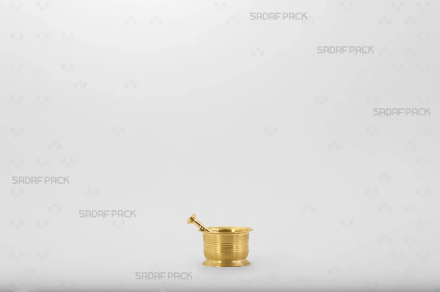 Front view of the Sadaf Pack Traditional Mortar 35, a heavy and sturdy cylindrical brass mortar designed for grinding saffron and spices.