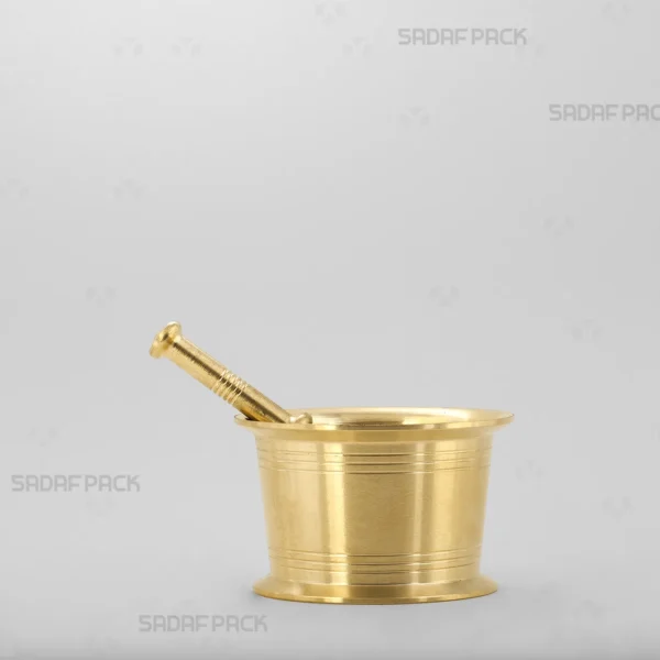 Front view of the Sadaf Pack Traditional Brass Mortar 75, showcasing its classic cylindrical design, sturdy build, and the detailed circular lines engraved around its body.