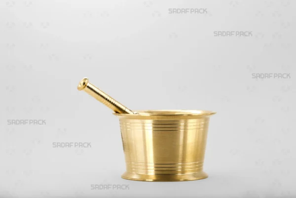 A front-facing view of the Sadaf Pack Traditional Mortar 85, a heavy and sturdy cylindrical brass mortar designed for efficiently grinding saffron and various spices.