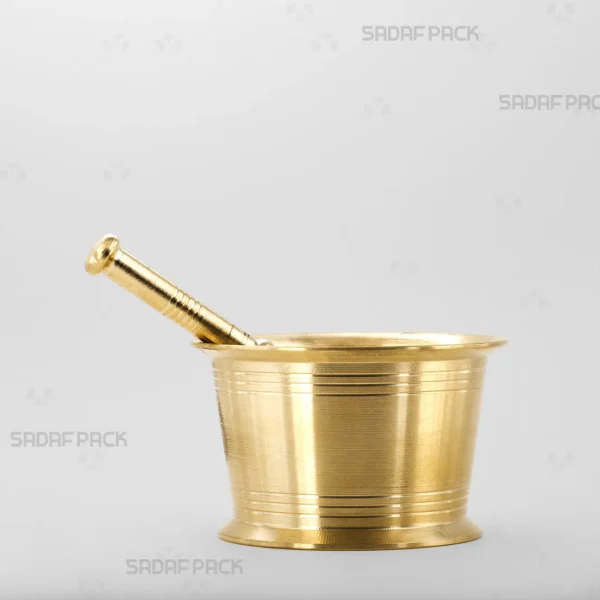 A front-facing view of the Sadaf Pack Traditional Mortar 85, a heavy and sturdy cylindrical brass mortar designed for efficiently grinding saffron and various spices.