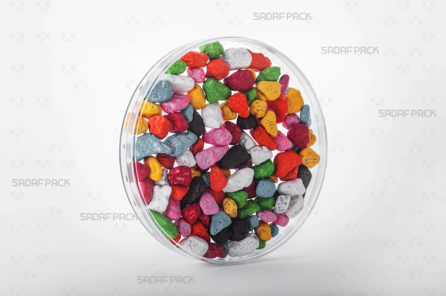 A 15 Core Crystal container filled with chocolate candy, showcasing its generous capacity and its suitability for high-end retail and export packaging.