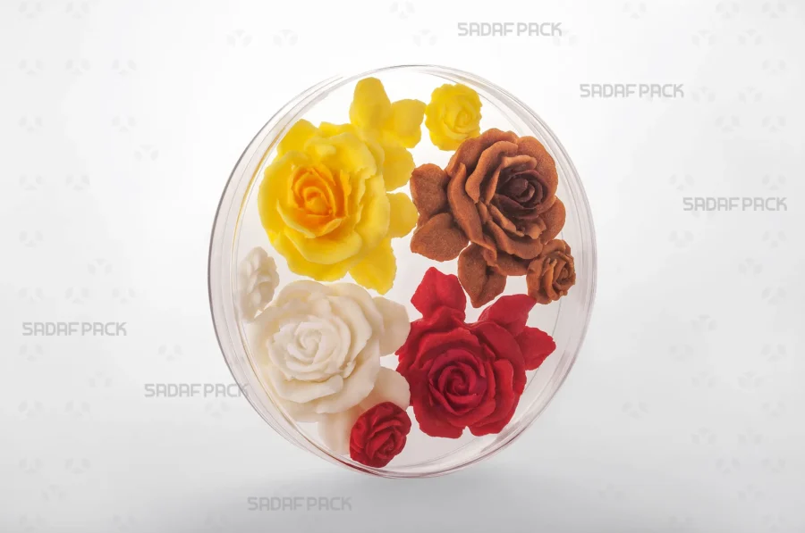 A 15 Core Crystal container filled with flower candy, showcasing its generous capacity and its suitability for high-end retail and export packaging.