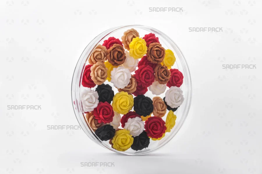 A 15 Core Crystal container filled with small flower candy, showcasing its generous capacity and its suitability for high-end retail and export packaging.