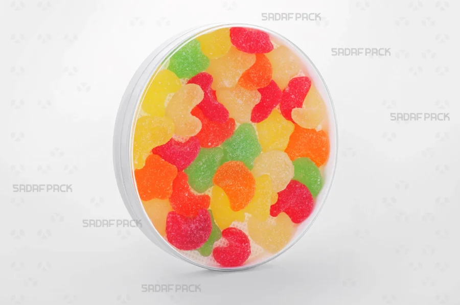 A 15 Core España tin filled with high-quality Gummy Candies, showcasing its capacity and suitability for export-grade products.