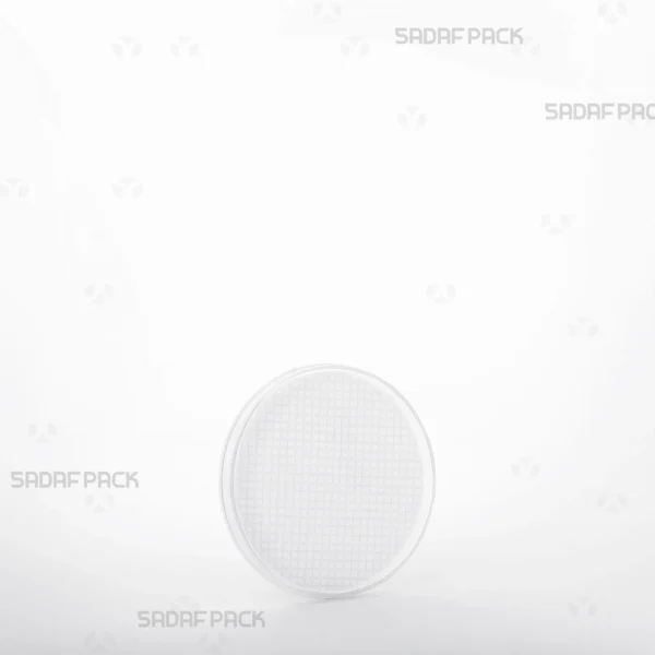 A three-quarter angle view of the 6.5 Slim España round poly-crystal container by Sadaf Pack, designed for premium saffron packaging.