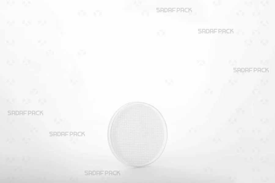 A three-quarter angle view of the 6.5 Slim España round poly-crystal container by Sadaf Pack, designed for premium saffron packaging.